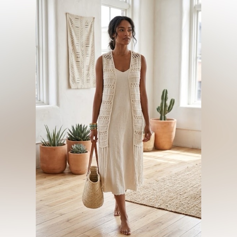 MAK Sweater Boho Ivory Crochet Fringe Open Front Long Vest S/M